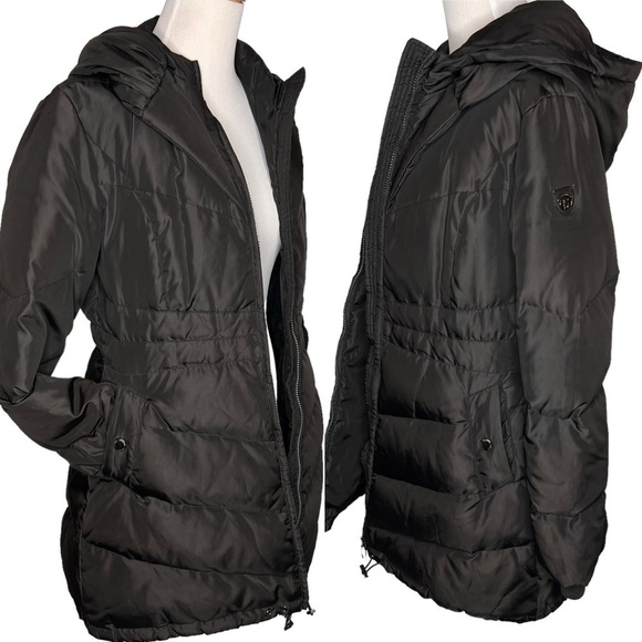 Happy Goat Black Long Down Puffer Coat Size M High Collar Hood Water Resistant - Picture 5 of 15